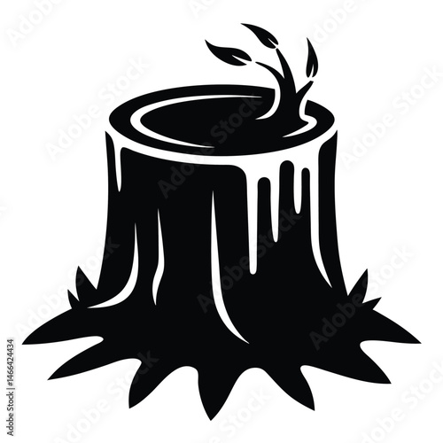 A stark tree stump featuring new leaf growth is set against a white backdrop