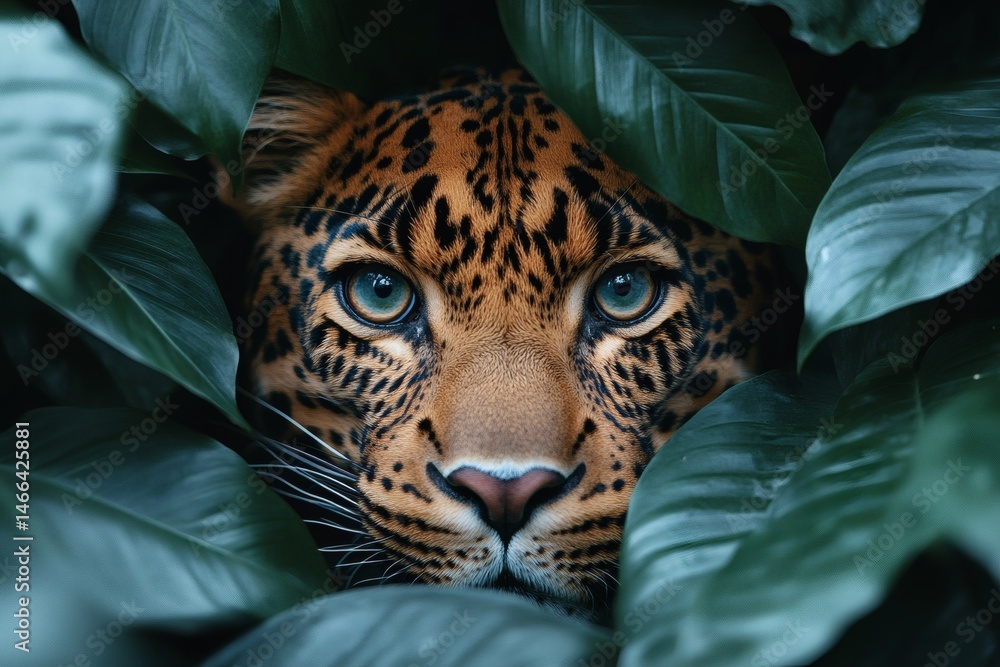 Leopard hiding in tropical foliage with intense focused eyes and spotted fur pattern visible through green leaves in wild animal jungle setting full of tension and primal beauty,