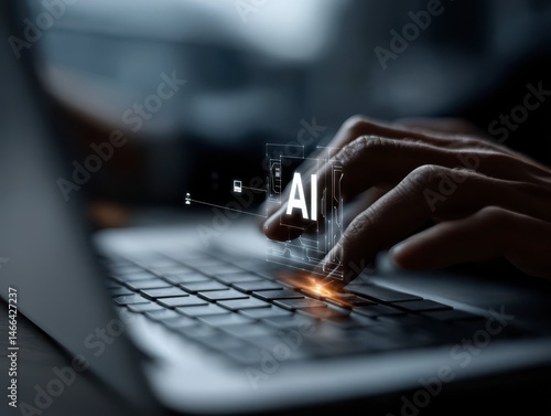 Hand of a businessman on a laptop ands typing quickly with cybersecurity ai icons