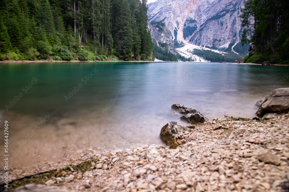 Landscape of Lago di Braies in dolomite mountains