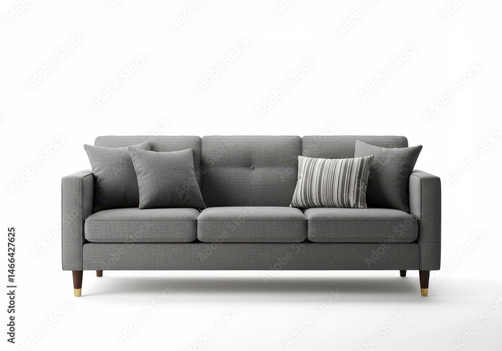 Gray sofa with pillows on a white background in a studio setting Gray sofa with pillows on a white background in a studio setting