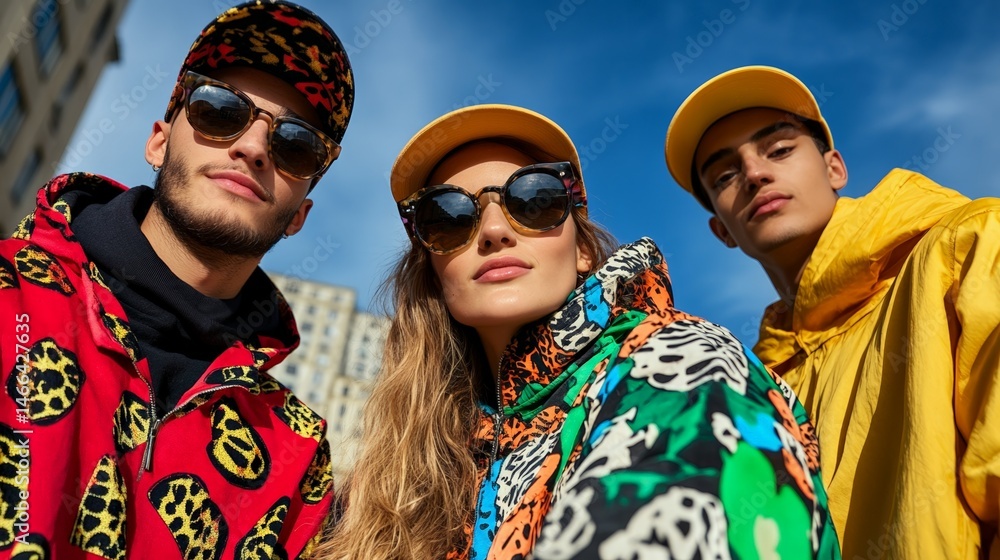 Naklejka premium Trendy young adults in colorful streetwear and caps against urban backdrop