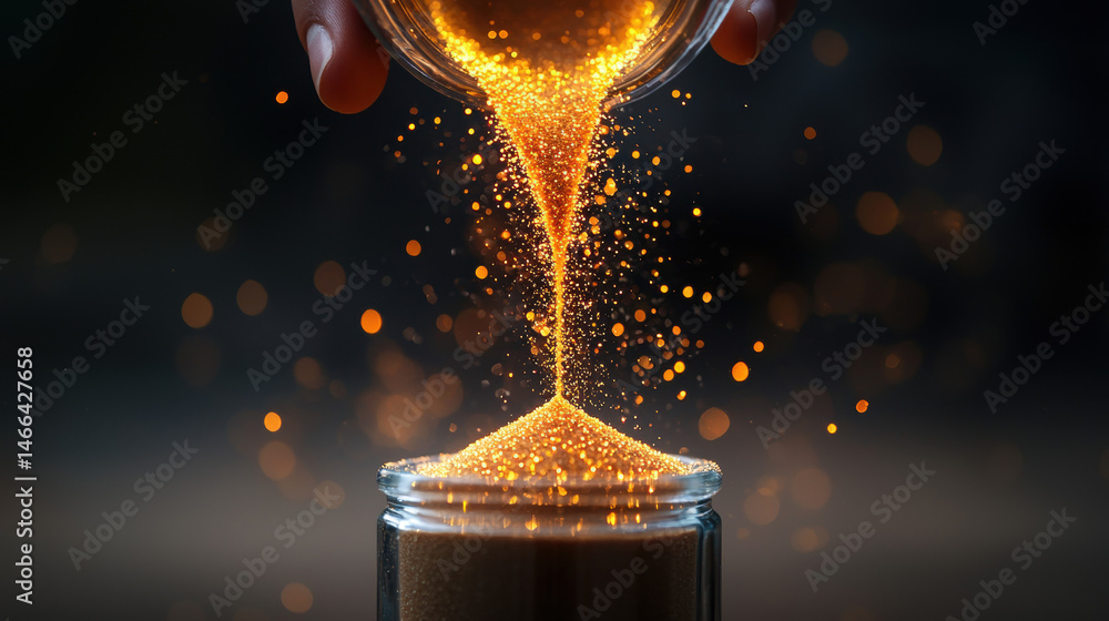 Hand pouring glowing sand into glass jar, closeup with magical light, dark background, creative and dreamy atmosphere