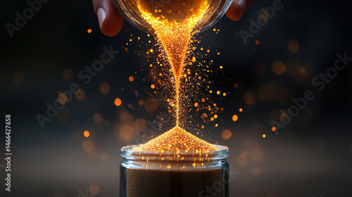 Obraz na płótnie Hand pouring glowing sand into glass jar, closeup with magical light, dark background, creative and dreamy atmosphere w salonie