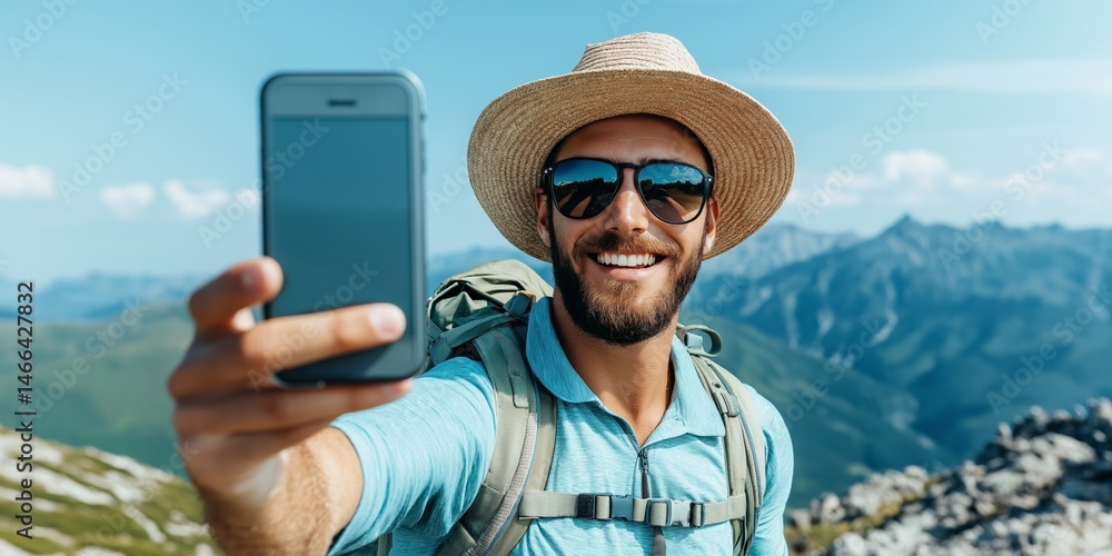 Fototapeta premium Young caucasian male hiking and taking selfie in mountain scenery