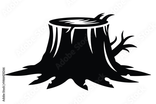 Detailed black tree stump silhouette prominently showcases severed branches and exposed roots with bold lines