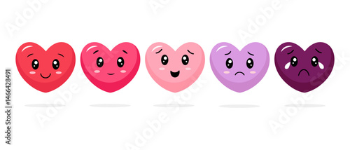 Heart Emoji Faces Vector – Cute Emotional Expressions from Happy to Sad in Pink and Purple