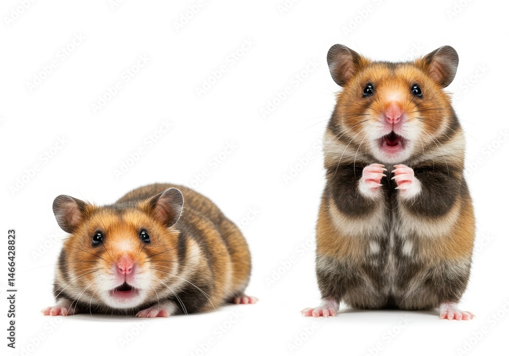 Fototapeta premium Two golden hamsters with surprised expressions isolated on a white background