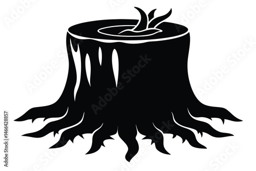 Bold black tree stump displays newly sprouting branches against a plain white backdrop, emphasizing natural growth