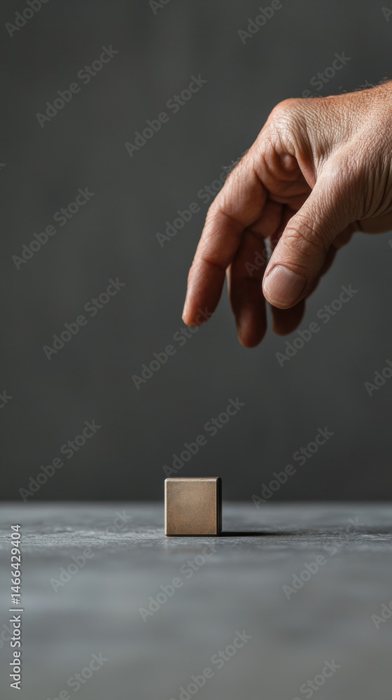 Hand reaching toward small metallic cube on gray surface, minimalistic style, concept of choice, curiosity, and paradox, closeup view