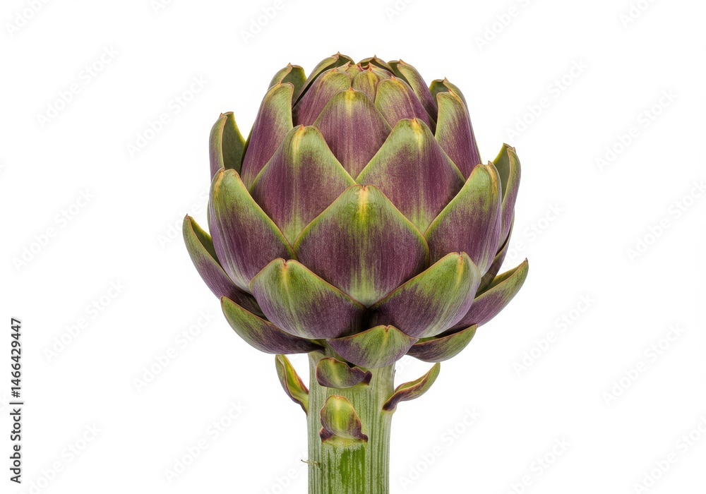Fototapeta premium Single artichoke with purple and green leaves on a white background