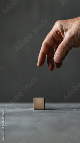 Obraz na płótnie Hand reaching toward small metallic cube on gray surface, minimalistic style, concept of choice, curiosity, and paradox, closeup view w salonie