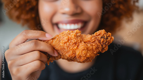Happy Woman Eating Crispy Fried Chicken – National Fried Chicken Day Celebration