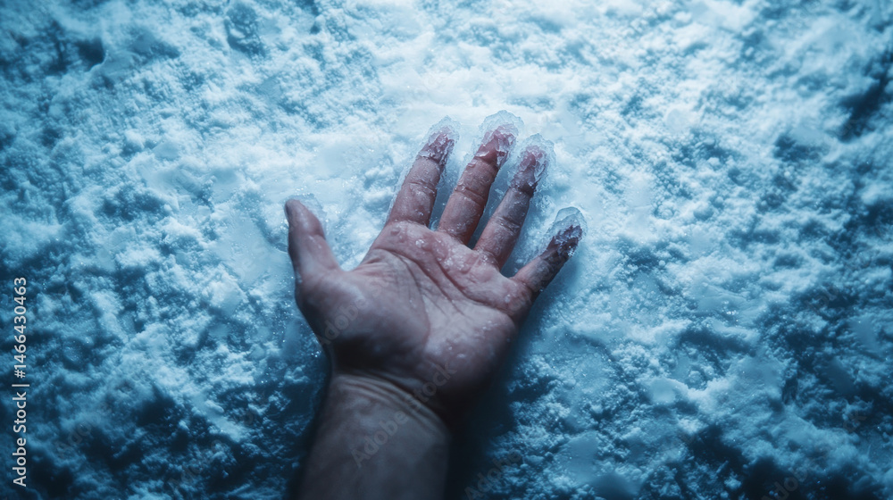 Hand touching icy surface, closeup of frozen fingers, cold winter scene, dramatic blue lighting, emotional isolation