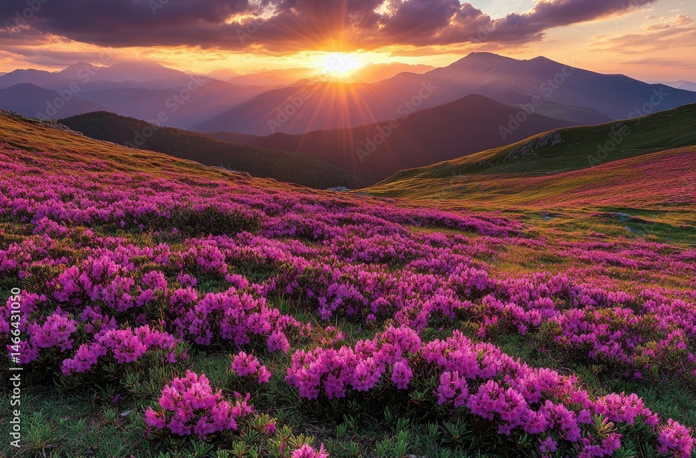 Obraz premium Radiant sunset illuminates a blooming field of vivid pink rhododendron flowers in the mountains
