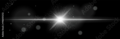 White glowing burst with horizontal flare, light particles, radial rays on black background. Concept of energy explosion, sci-fi effect, cosmic flash, digital illumination, star core.