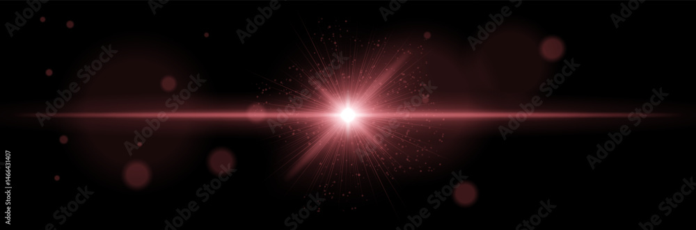 Red glowing burst with horizontal flare, light particles, radial rays on black background. Concept of energy explosion, sci-fi effect, cosmic flash, digital illumination, star core. Red glowing burst with horizontal flare, light particles, radial rays on black background. Concept of energy explosion, sci-fi effect, cosmic flash, digital illumination, star core.