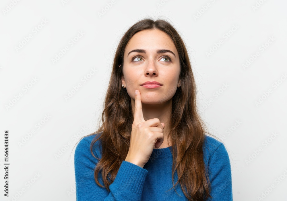 Young woman looking up with hand on chin in thoughtful expression Young woman looking up with hand on chin in thoughtful expression