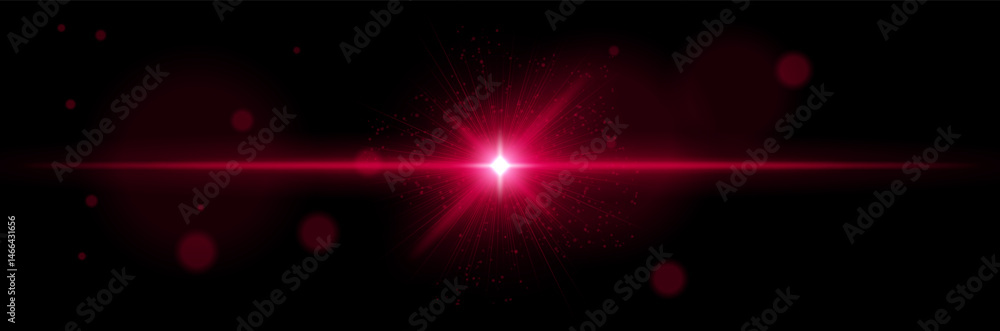 Red starburst with central flare, sparkling dots, dynamic rays on dark background. Depicts futuristic energy, space pulse, sci-fi beam, cosmic ignition.