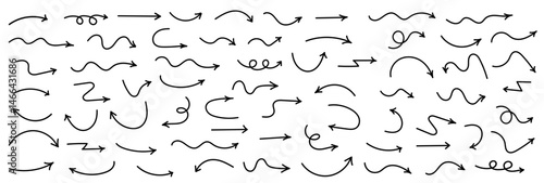 Arrow icons. Hand drawn arrows. Set arrows isolated on white background. Arrow mark icons. Vector illustration