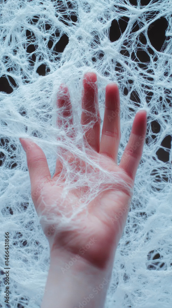 Hand touching delicate white fabric closeup soft texture abstract web pattern creative emotional mysterious artistic concept