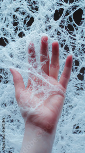 Obraz na płótnie Hand touching delicate white fabric closeup soft texture abstract web pattern creative emotional mysterious artistic concept w salonie