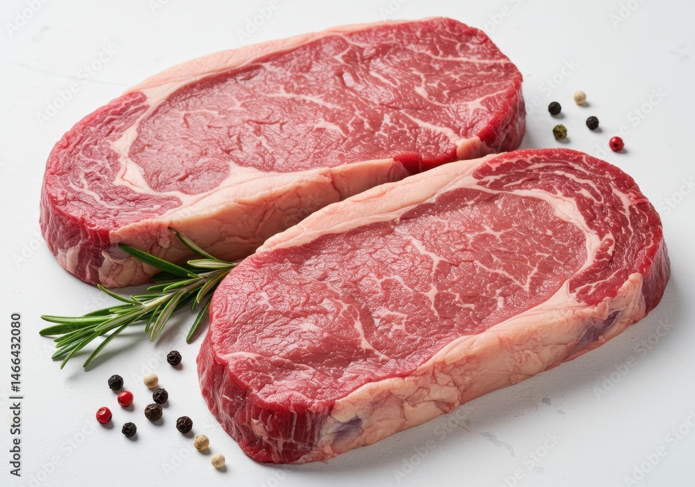 Two raw ribeye steaks with rosemary and peppercorns on white surface Two raw ribeye steaks with rosemary and peppercorns on white surface