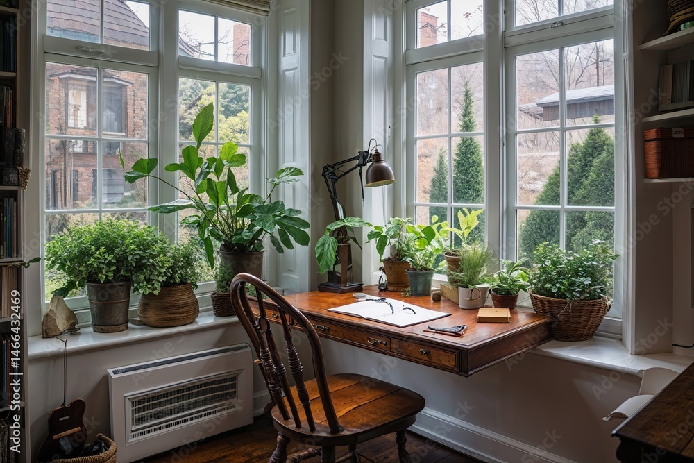 Fototapeta premium Inspiring Writing Nook with Bay Window Greenery for Enhanced Creativity