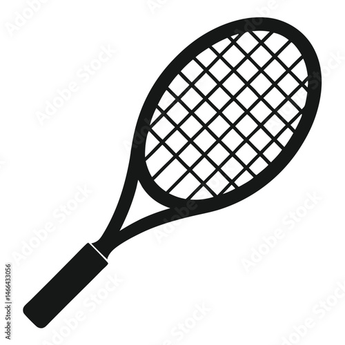 A black tennis racket features a stringed oval head and a grip handle