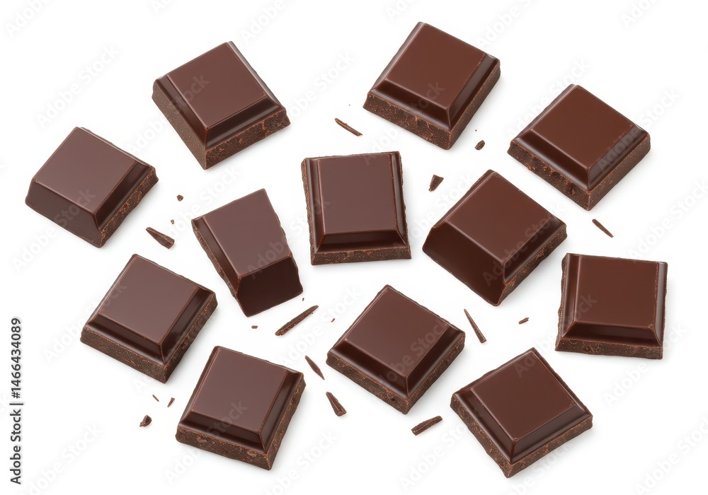 Dark chocolate squares arranged on a white surface with small chocolate shavings scattered around Dark chocolate squares arranged on a white surface with small chocolate shavings scattered around
