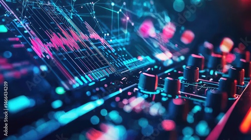 Modern electronic music production interface with digital overlays.