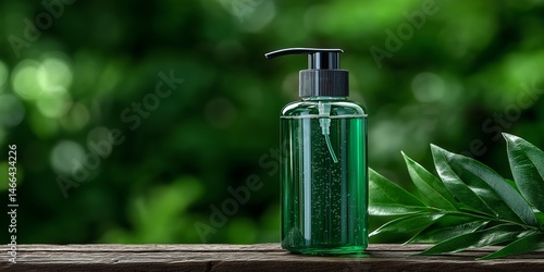 Natural green liquid soap dispenser with fresh leaves on rustic wooden surface