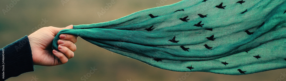Hand holding green scarf with bird pattern closeup outdoor creative freedom soft fabric nature gentle artistic peaceful