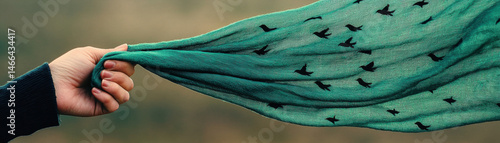 Obraz na płótnie Hand holding green scarf with bird pattern closeup outdoor creative freedom soft fabric nature gentle artistic peaceful w salonie