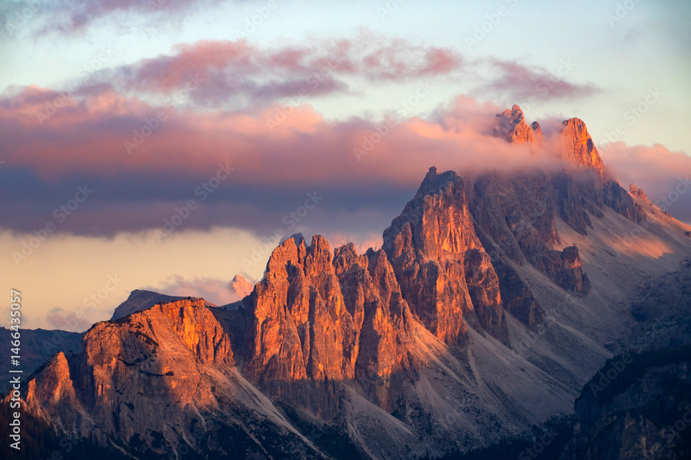 Impressive view of Croda da Lago mountain chain in beautiful sunset light