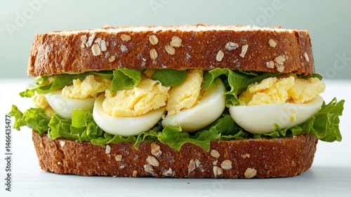 a sandwich with eggs and lettuce on it