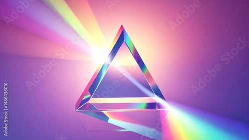 Vibrant triangular prism reflecting light in stunning hues and patterns. Light purple background, rotating crystal.