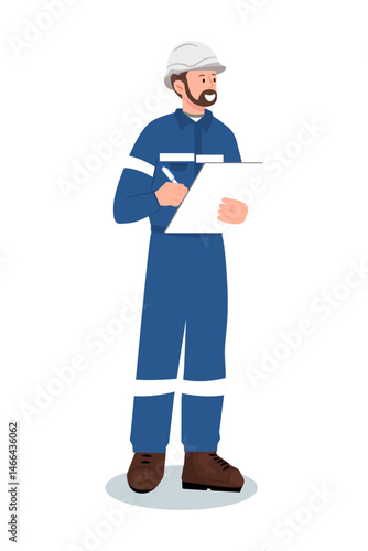 Industrial worker or engineer in uniform and hard hat writing on clipboard. Inspection or note taking. Vector illustration isolated on white background.