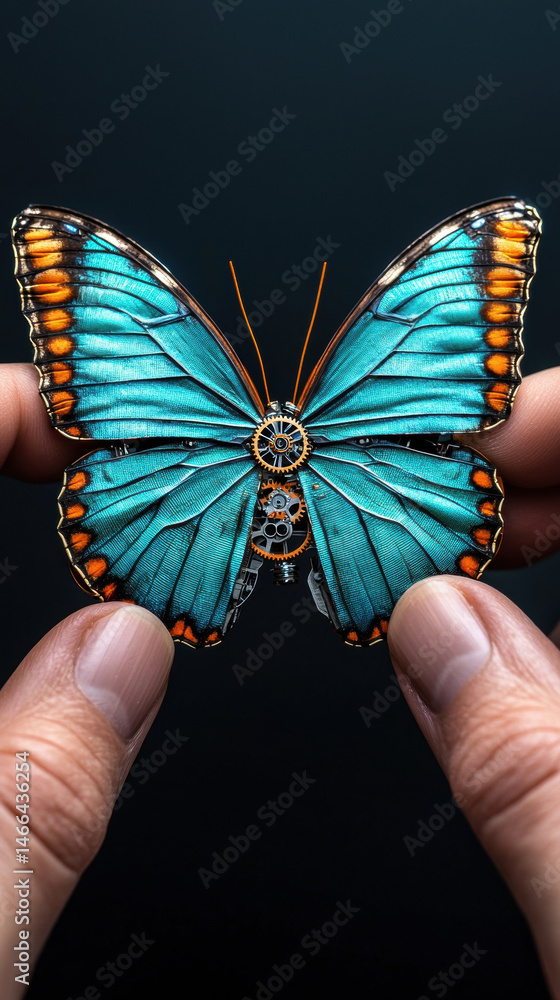 Blue butterfly with biomechanical gears, closeup hands assembling, vibrant wings, intricate detail, creative fusion, emotional wonder