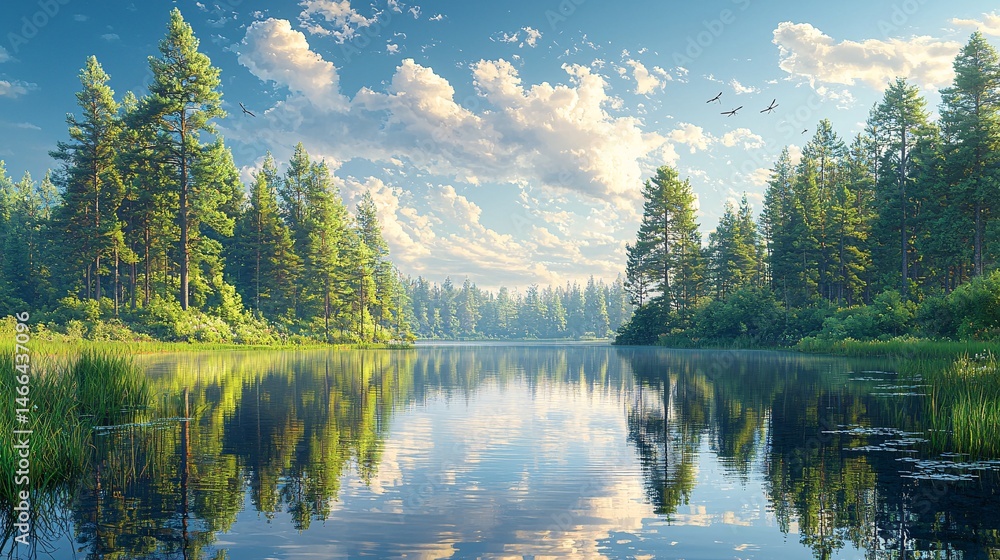 Fototapeta premium Tranquil reflection of lake and forest