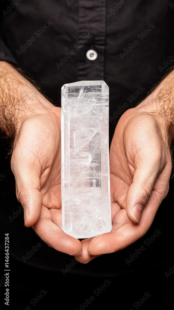 Clear quartz crystal held gently in cupped hands, closeup view, black shirt background, mystical and calming energy