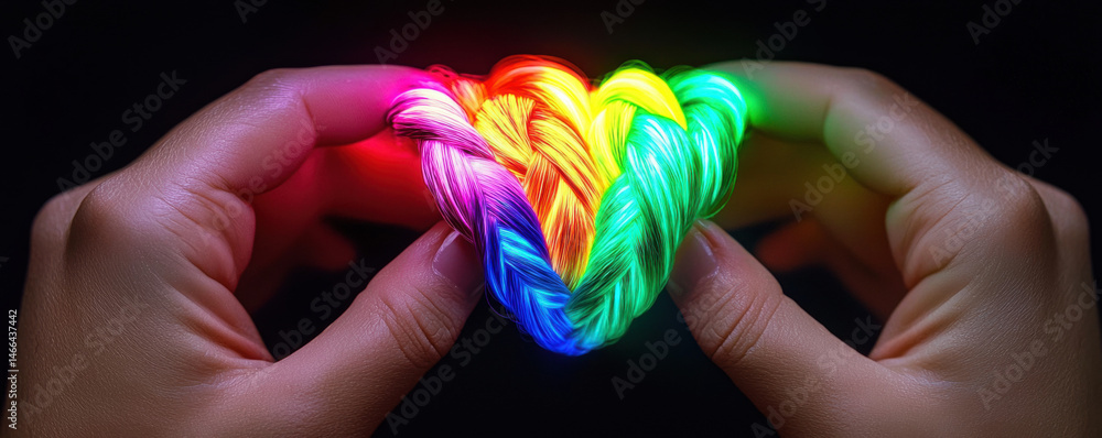 Closeup hands holding braided heart made of glowing aurora light, vibrant rainbow colors, symbolizing love and unity
