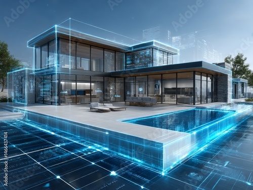 Futuristic Modern House Design with Blueprint Overlay and Swimming Pool: Architectural Innovation & Technological Integration