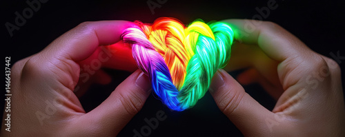 Obraz na płótnie Closeup hands holding braided heart made of glowing aurora light, vibrant rainbow colors, symbolizing love and unity w salonie