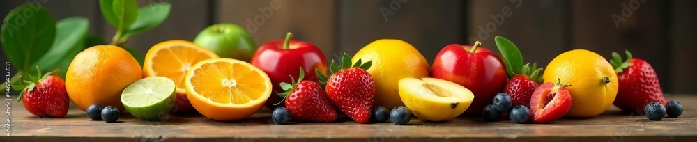 Assorted vibrant fruits on a wooden table with blurred background, delicious, nutritious, organic Assorted vibrant fruits on a wooden table with blurred background, delicious, nutritious, organic