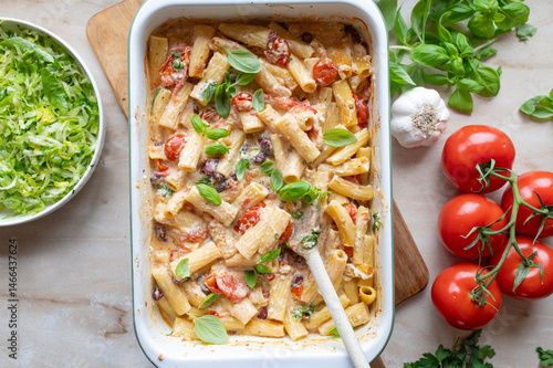 Baked Feta Pasta with kidney beans in a casserole dish fresh and homemade cooked