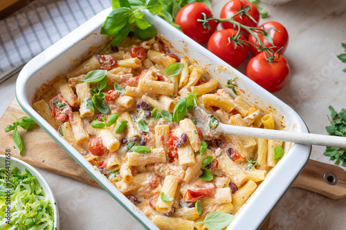 Baked Feta Pasta with kidney beans in a casserole dish fresh and homemade cooked