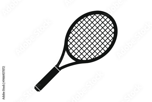 Single black tennis racket shows crisscrossing strings ready for a powerful game