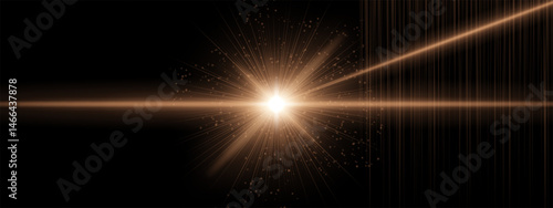 Red-orange energy blast with flare rays and additional angled beams, digital particles spread in black background. Suggests sci-fi ignition, cosmic laser impact.