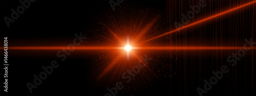 Red-orange energy blast with flare rays and additional angled beams, digital particles spread in black background. Suggests sci-fi ignition, cosmic laser impact.